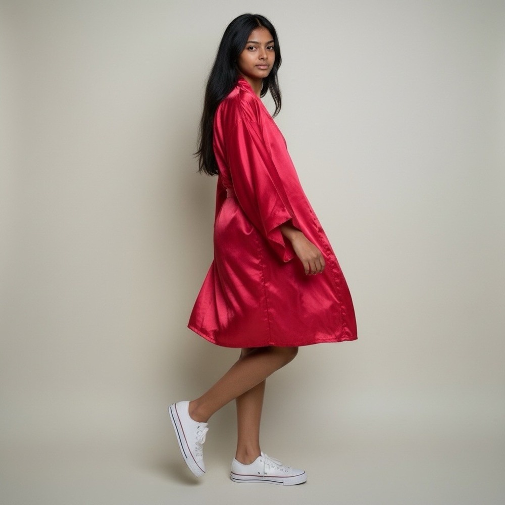 Red Satin Kimono Robe (Small) - Loungewear Sleepwear - Picture 2 of 6